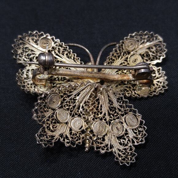 Antique Cannetille Butterfly Brooch, Vermeil 800 Silver - Picture 3 of 10